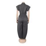 Casual Career Turn-Down Collar Sleeveless Button-Down Cargo Pocket Jumpsuit