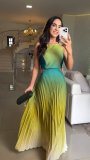Women's Fashion Chic Elegant Halter Neck Pleated Gradient Maxi Dress