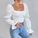 Spring-Summer Women's White Long-Sleeve Chest-Tie Low-Back Sexy Crop Top