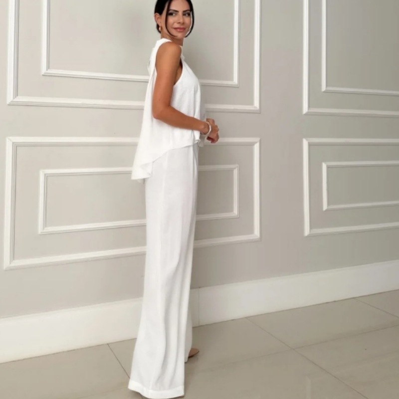 Women's Fashion Loose Sleeveless Top & Solid Color Wide-Leg Casual Pants Set