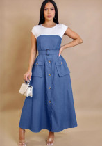 Elegant Career Denim Patchwork Contrast Color Pocket A-Line Dress Elegant Career Denim Patchwork Contrast Color Pocket A-Line Dress