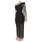 Fashion Women's Sexy Casual One-Shoulder Tassel Maxi Dress