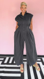 Casual Career Turn-Down Collar Sleeveless Button-Down Cargo Pocket Jumpsuit