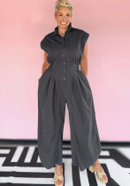 Casual Career Turn-Down Collar Sleeveless Button-Down Cargo Pocket Jumpsuit