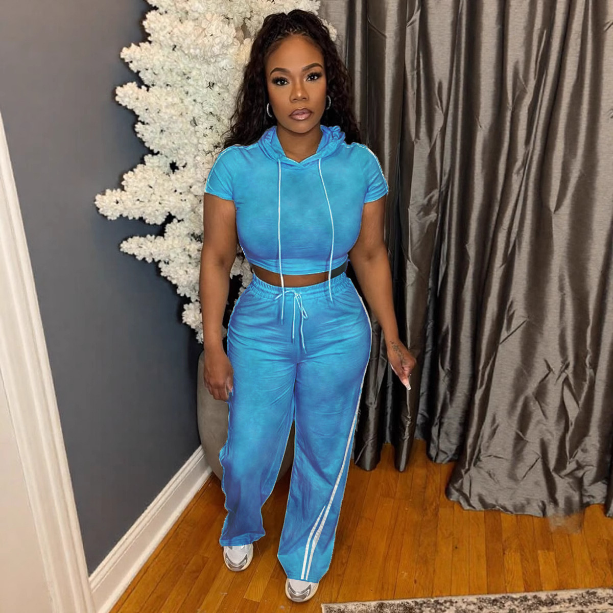 Sexy Casual Elastic Hooded Short Sleeve Two-Piece Pants Set