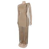 Fashion Women's Sexy Casual One-Shoulder Tassel Maxi Dress