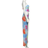 Spring-Summer Women's Sexy Contrast Print Cutout Strapless Slim Waist Long Dress