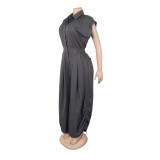 Casual Career Turn-Down Collar Sleeveless Button-Down Cargo Pocket Jumpsuit