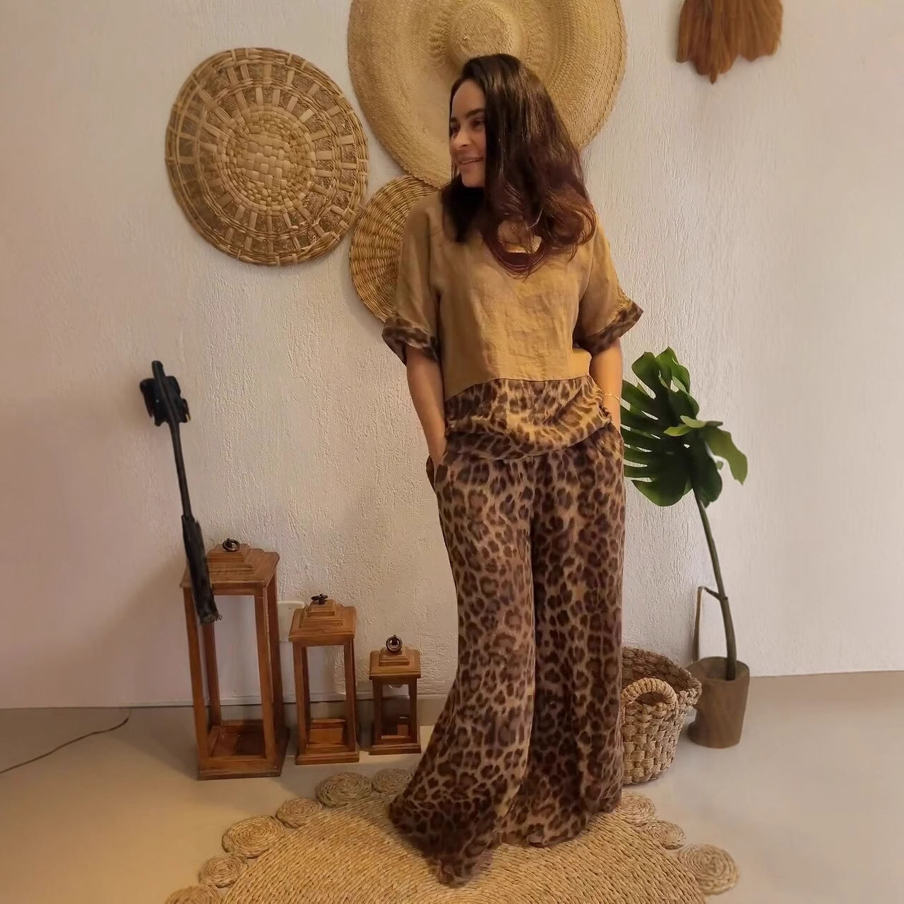 Women's Fashion Loose Patchwork Short-Sleeve Top & High-Waist Wide-Leg Pants Set