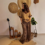Women's Fashion Loose Patchwork Short-Sleeve Top & High-Waist Wide-Leg Pants Set
