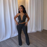 Elegant Sexy Slim Elastic Hollow Ring Halter Neck Lace-Up Jumpsuit