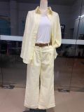 Women's Fashion Linen Solid Color Loose Long-Sleeve Blouse & Casual Pants Set