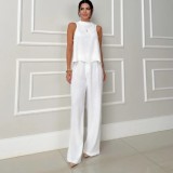 Women's Fashion Loose Sleeveless Top & Solid Color Wide-Leg Casual Pants Set