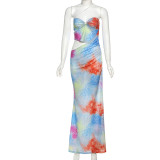 Spring-Summer Women's Sexy Contrast Print Cutout Strapless Slim Waist Long Dress