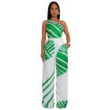 Fashion Women's Summer Casual Low-Back Slash-Shoulder Striped Jumpsuit
