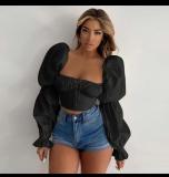Spring-Summer Women's White Long-Sleeve Chest-Tie Low-Back Sexy Crop Top