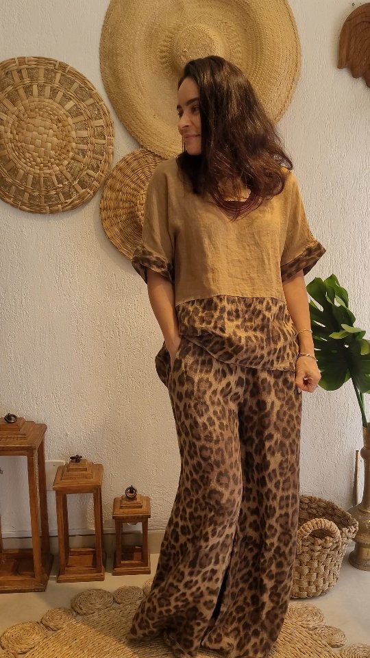 Women's Fashion Loose Patchwork Short-Sleeve Top & High-Waist Wide-Leg Pants Set