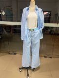 Women's Fashion Linen Solid Color Loose Long-Sleeve Blouse & Casual Pants Set