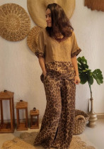 Women's Fashion Loose Patchwork Short-Sleeve Top & High-Waist Wide-Leg Pants Set