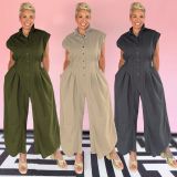 Casual Career Turn-Down Collar Sleeveless Button-Down Cargo Pocket Jumpsuit