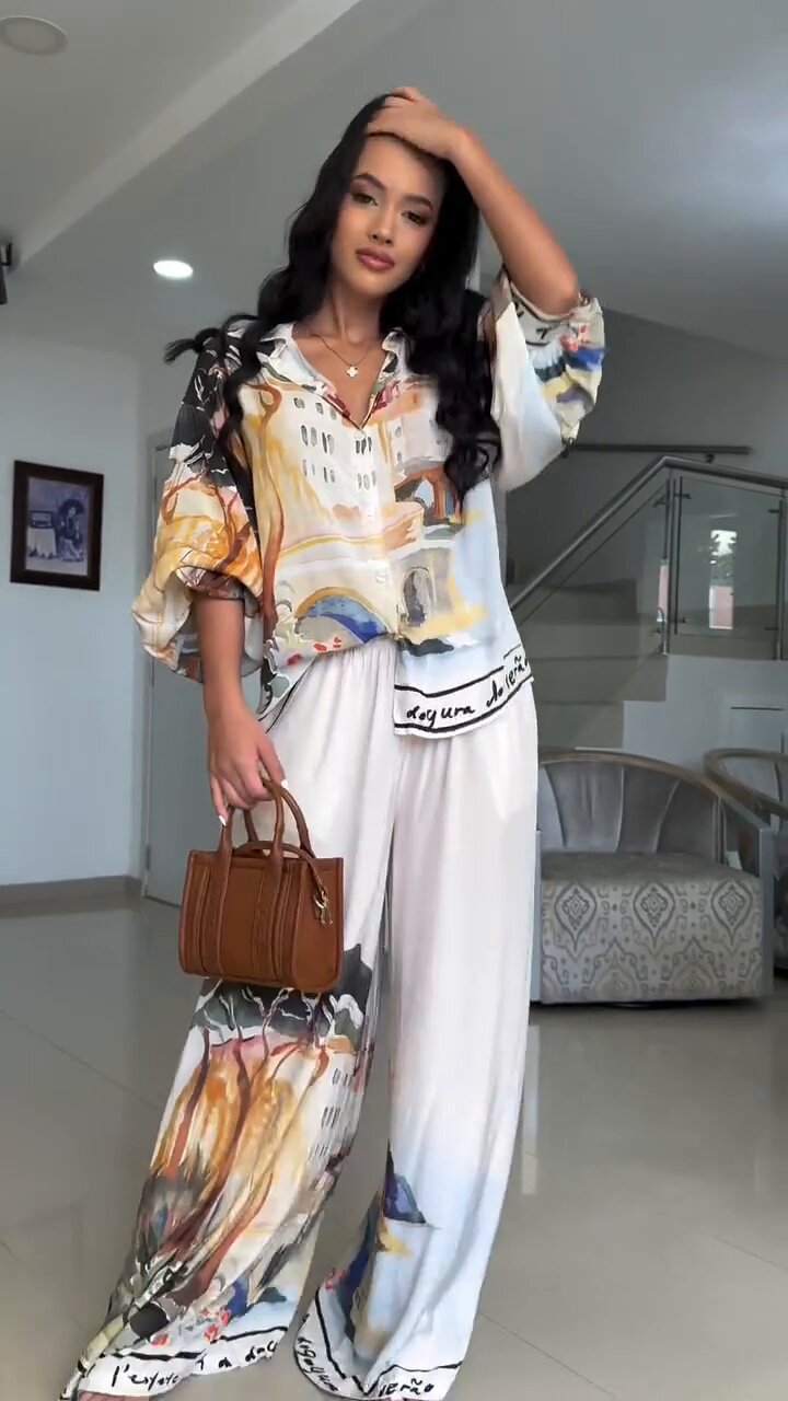 Women's Print Loose Fashion Lantern-Sleeve Blouse & Wide-Leg Pants Set