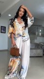 Women's Print Loose Fashion Lantern-Sleeve Blouse & Wide-Leg Pants Set
