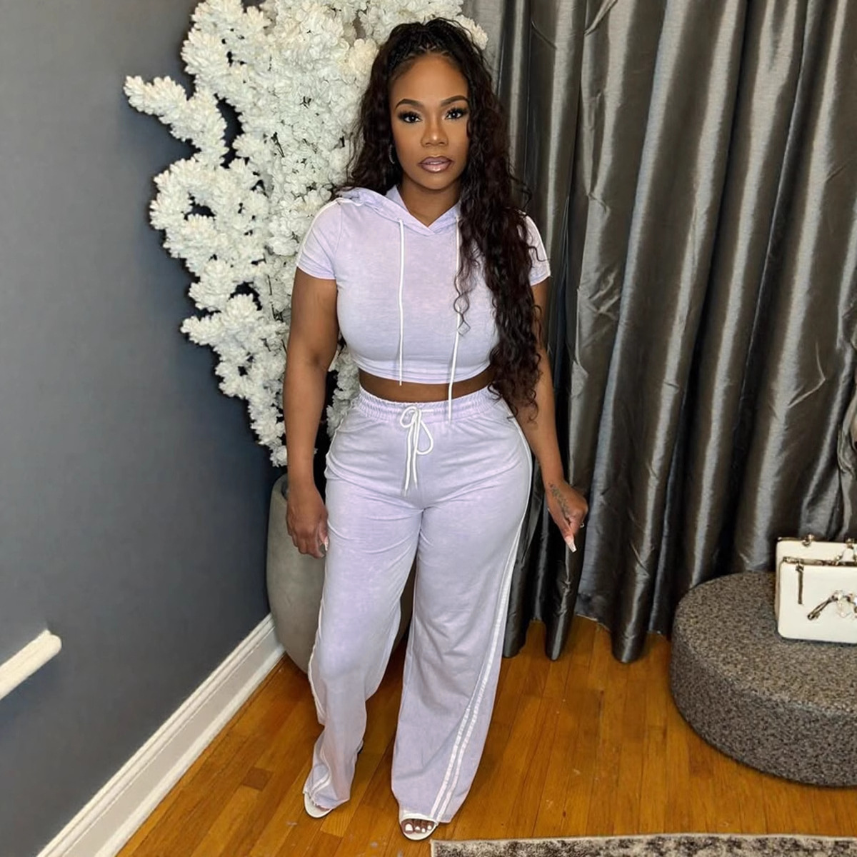 Sexy Casual Elastic Hooded Short Sleeve Two-Piece Pants Set