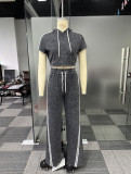 Sexy Casual Elastic Hooded Short Sleeve Two-Piece Pants Set