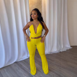 Elegant Sexy Slim Elastic Hollow Ring Halter Neck Lace-Up Jumpsuit