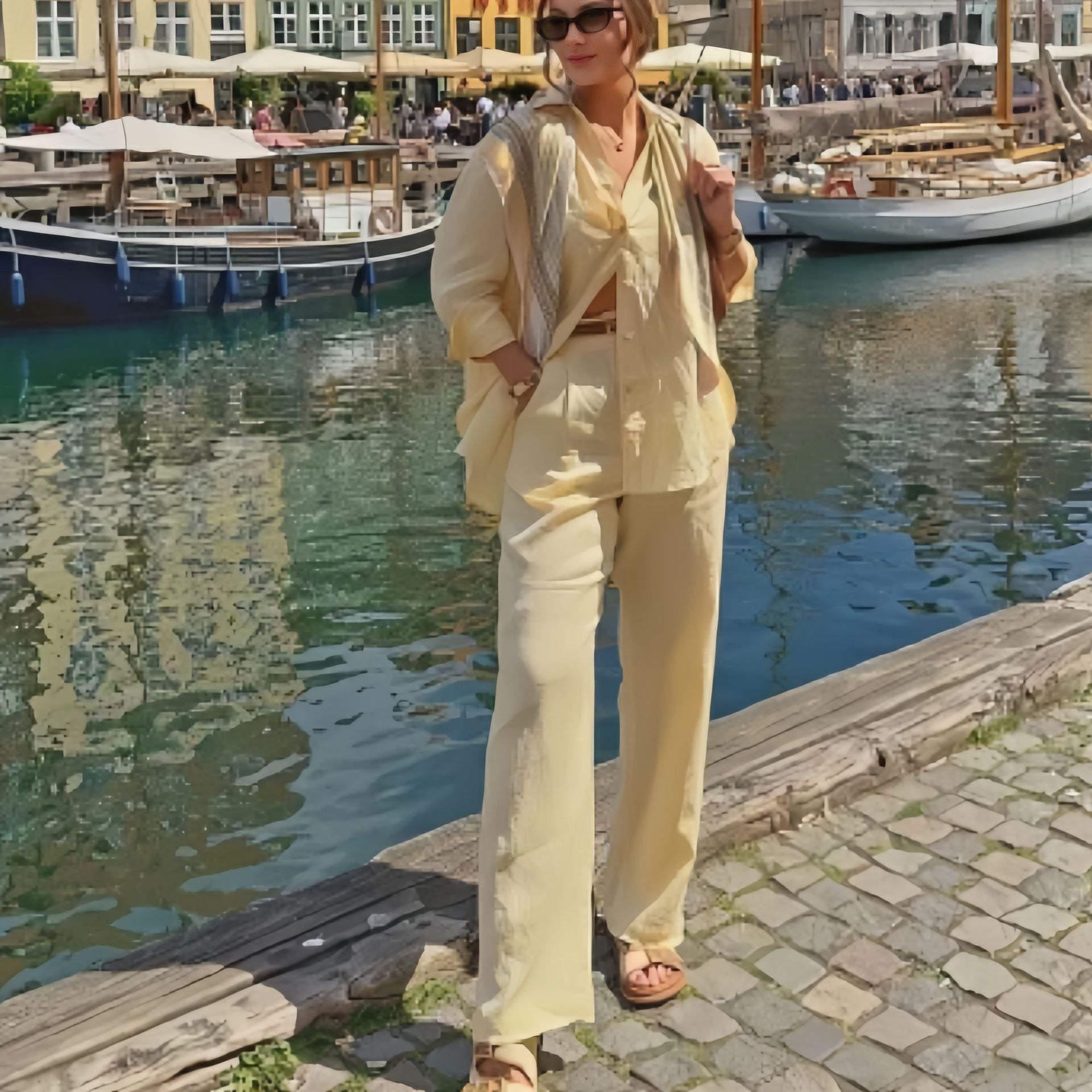 Women's Fashion Linen Solid Color Loose Long-Sleeve Blouse & Casual Pants Set