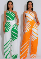 Fashion Women's Summer Casual Low-Back Slash-Shoulder Striped Jumpsuit