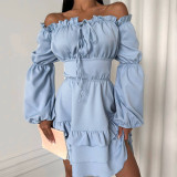 Solid Color Off Shoulder Puff Sleeve Sexy Summer Dress