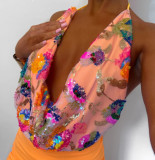 Sexy Deep V Low-Back Sequin Floral Chic Halter Neck Strappy Mini Skirt Set