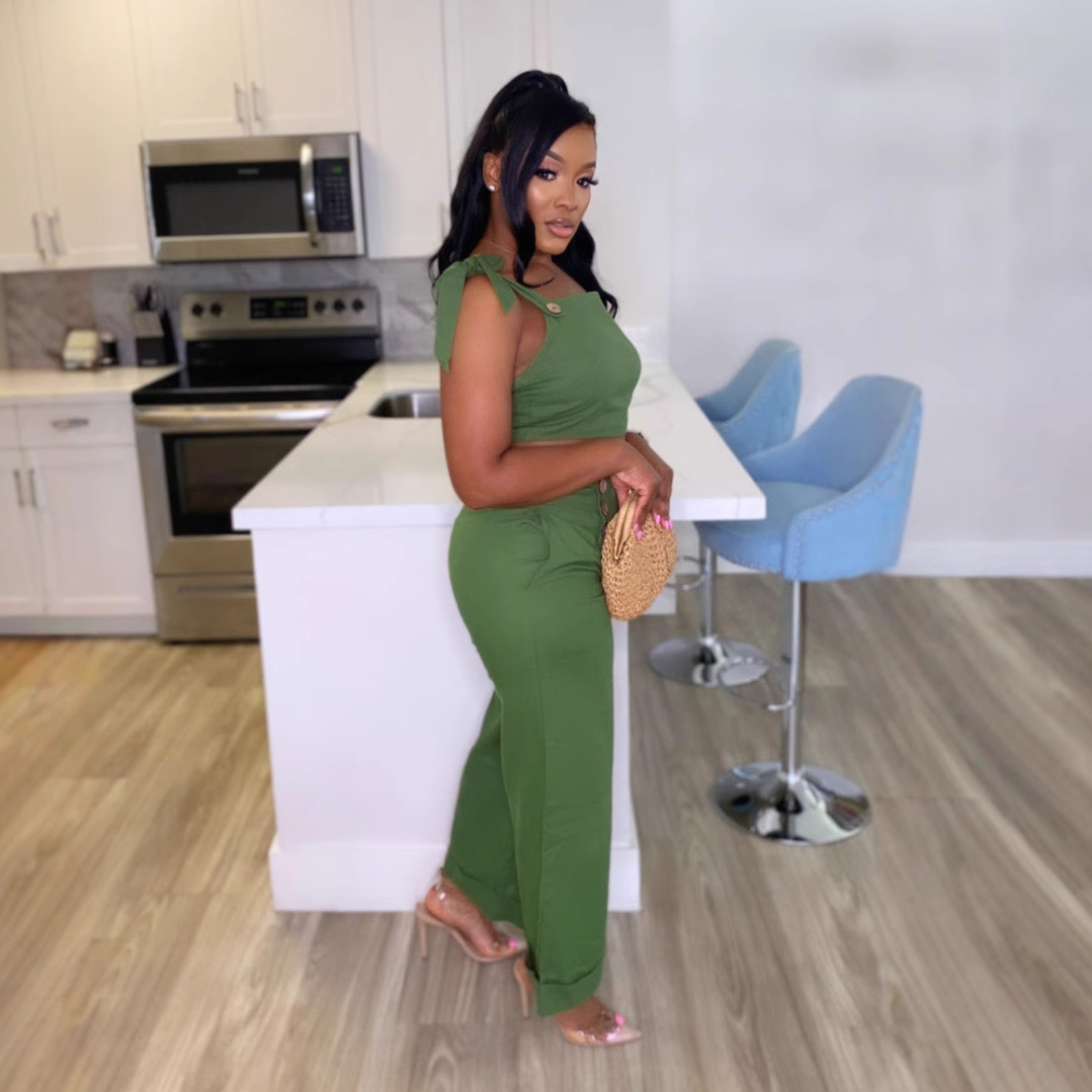 Elegant Career Strap Wide-Leg Two-Piece Pants Set