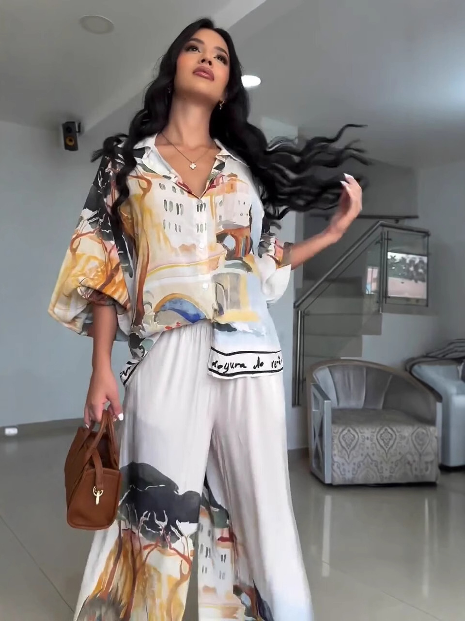 Women's Print Loose Fashion Lantern-Sleeve Blouse & Wide-Leg Pants Set