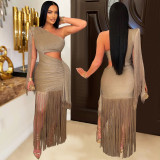 Fashion Women's Sexy Casual One-Shoulder Tassel Maxi Dress