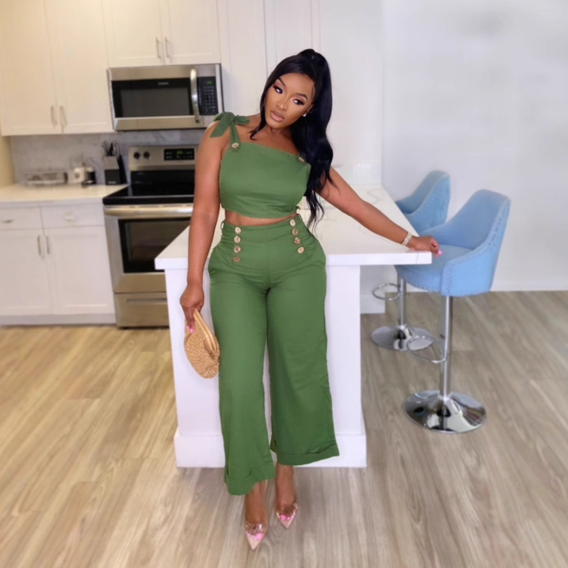 Elegant Career Strap Wide-Leg Two-Piece Pants Set