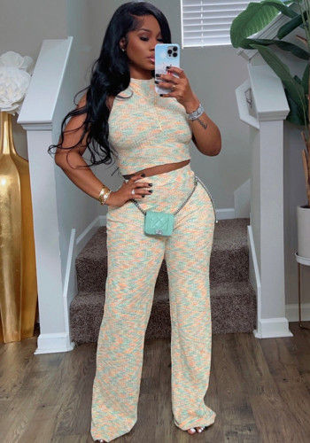 Women's Summer Sleeveless Printed Wide-Leg Two-Piece Trousers Set