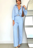 Women's Fashion Linen Solid Color Loose Long-Sleeve Blouse & Casual Pants Set