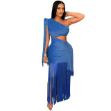 Fashion Women's Sexy Casual One-Shoulder Tassel Maxi Dress