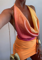 Sexy Deep V Low-Back Sequin Floral Chic Halter Neck Strappy Mini Skirt Set