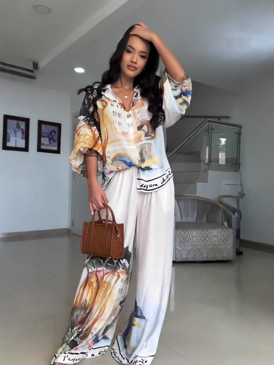 Women's Print Loose Fashion Lantern-Sleeve Blouse & Wide-Leg Pants Set