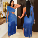 Fashion Women's Sexy Casual One-Shoulder Tassel Maxi Dress
