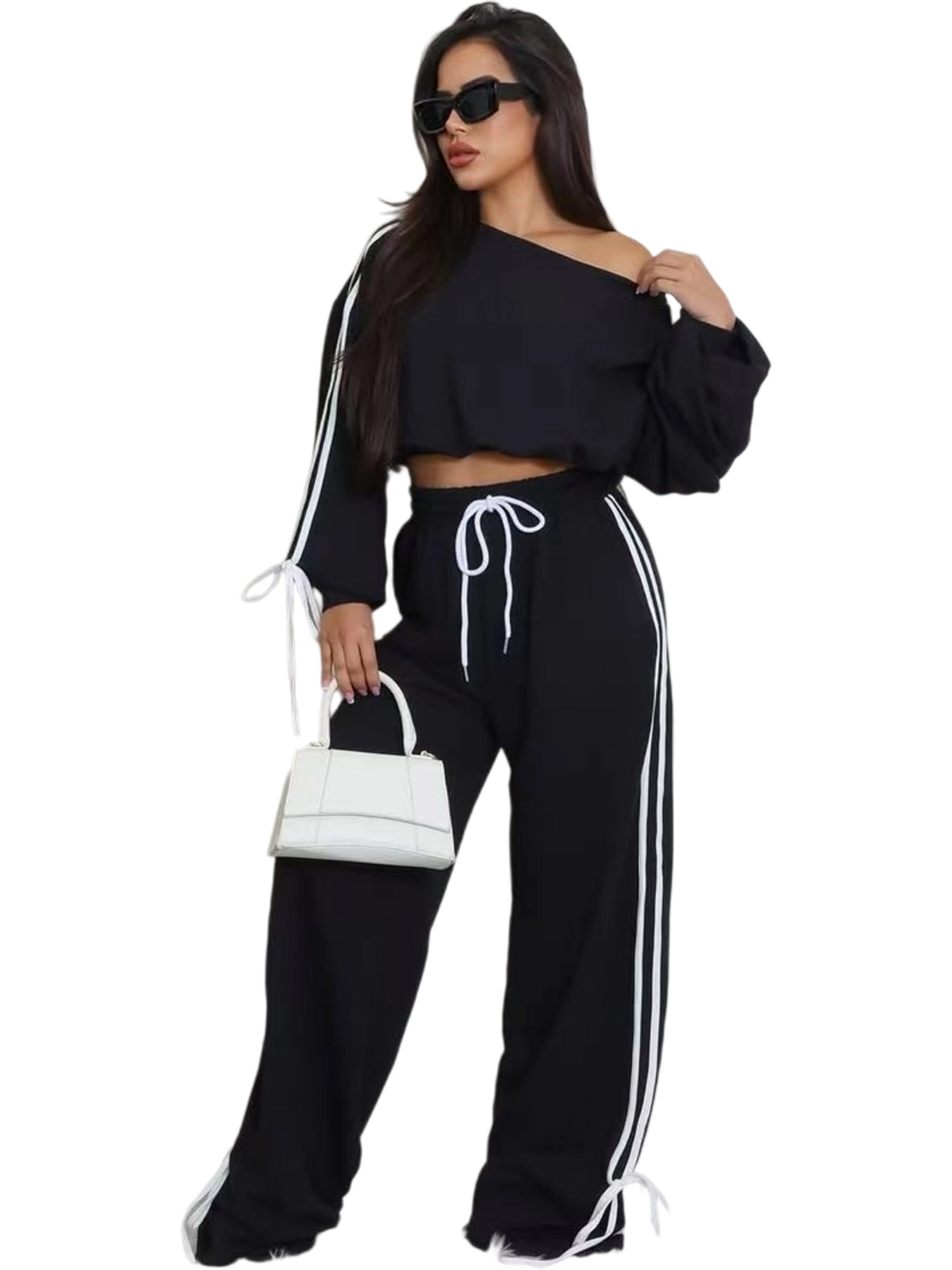 Autumn Casual Women's Solid Color Loose Webbing-Trimmed Two-Piece Pants Set