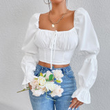 Spring-Summer Women's White Long-Sleeve Chest-Tie Low-Back Sexy Crop Top
