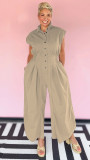 Casual Career Turn-Down Collar Sleeveless Button-Down Cargo Pocket Jumpsuit