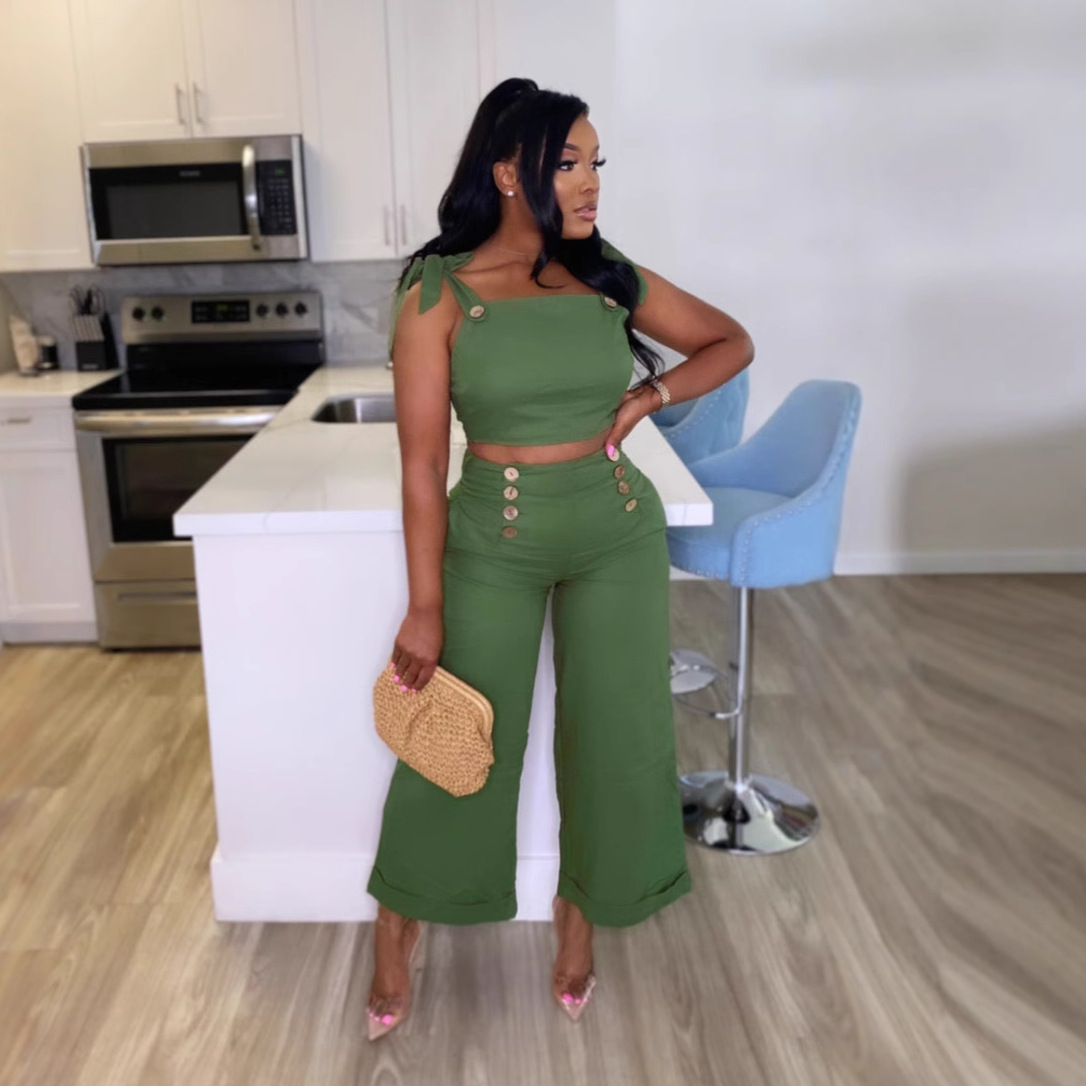 Elegant Career Strap Wide-Leg Two-Piece Pants Set