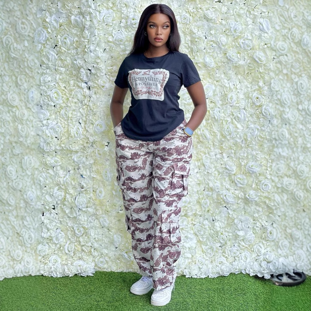 Women Plus Size Round Neck short-sleeved T-shirt camouflage trousers Casual sports Two Piece Set