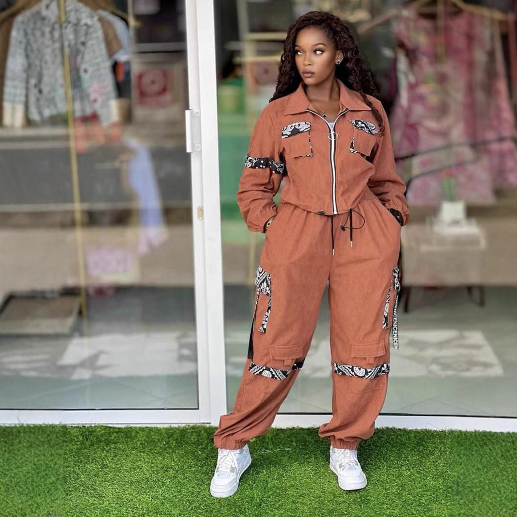 Plus Size Women Colorblock Top and Cargo Trousers Casual Two Piece Set