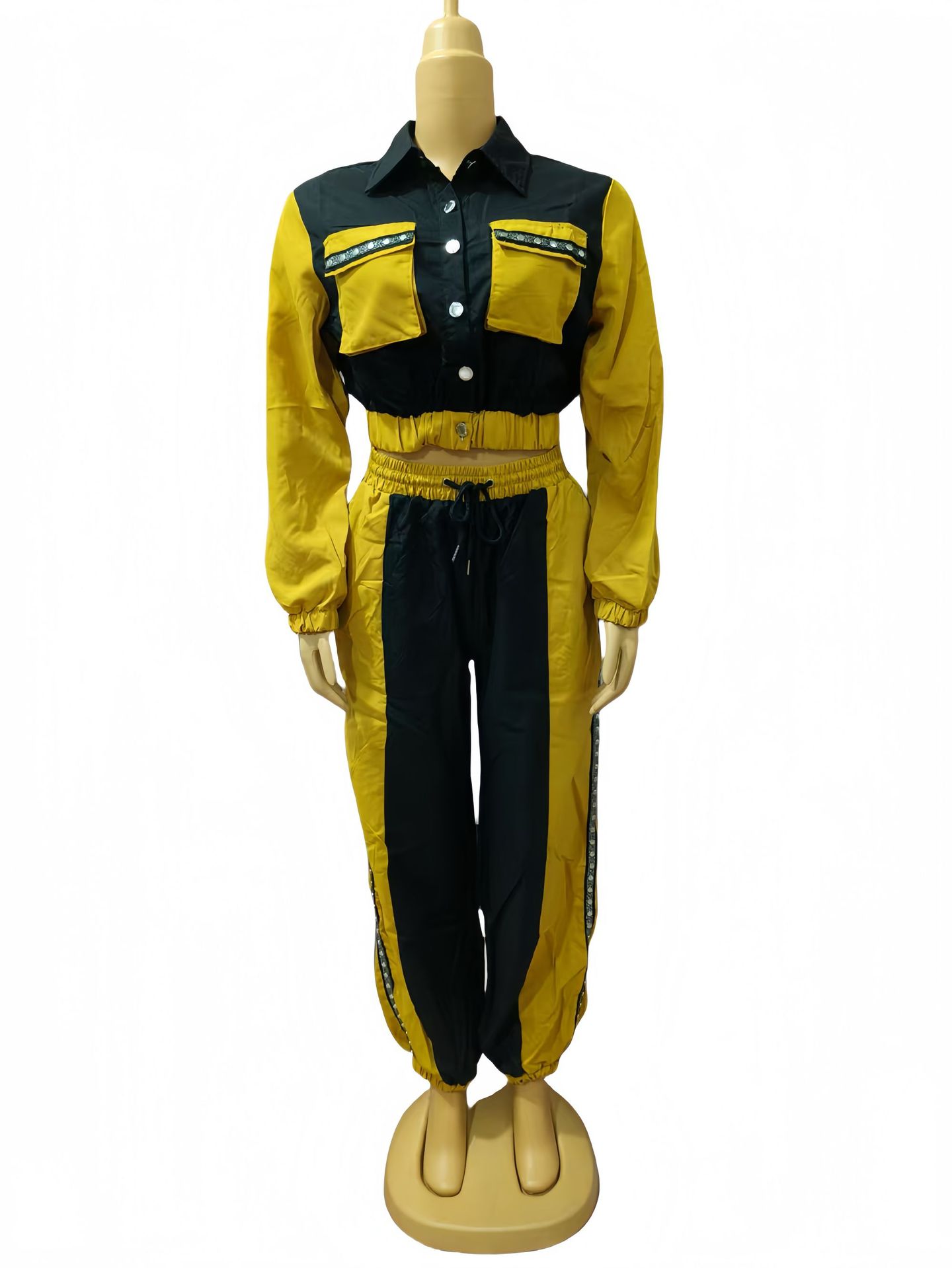 Women color matching Top and multi-pocket trousers Casual Two Piece Set